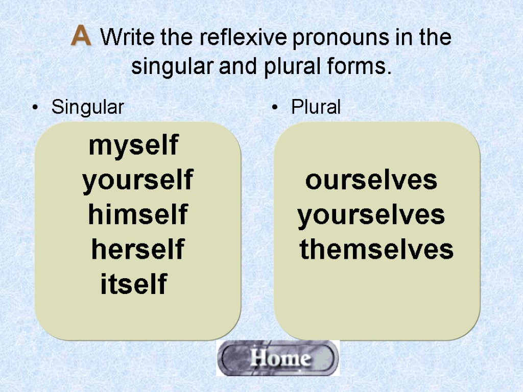 А Write the reflexive pronouns in the singular and plural forms. Singular Plural myself